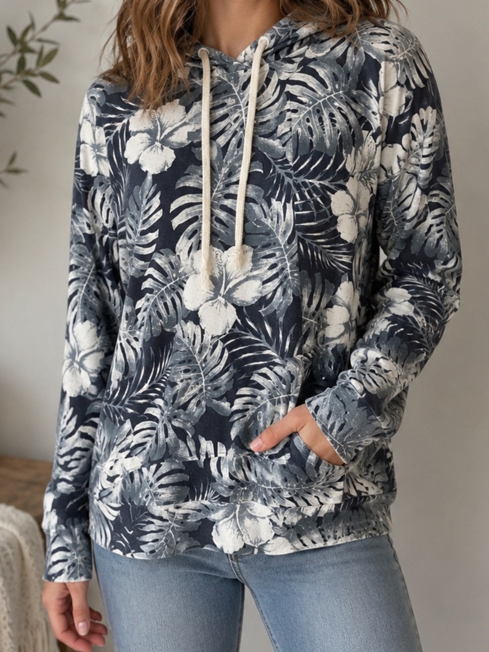 George Tropical Floral Pullover Hoodie Blue White Leaf Print Size Large